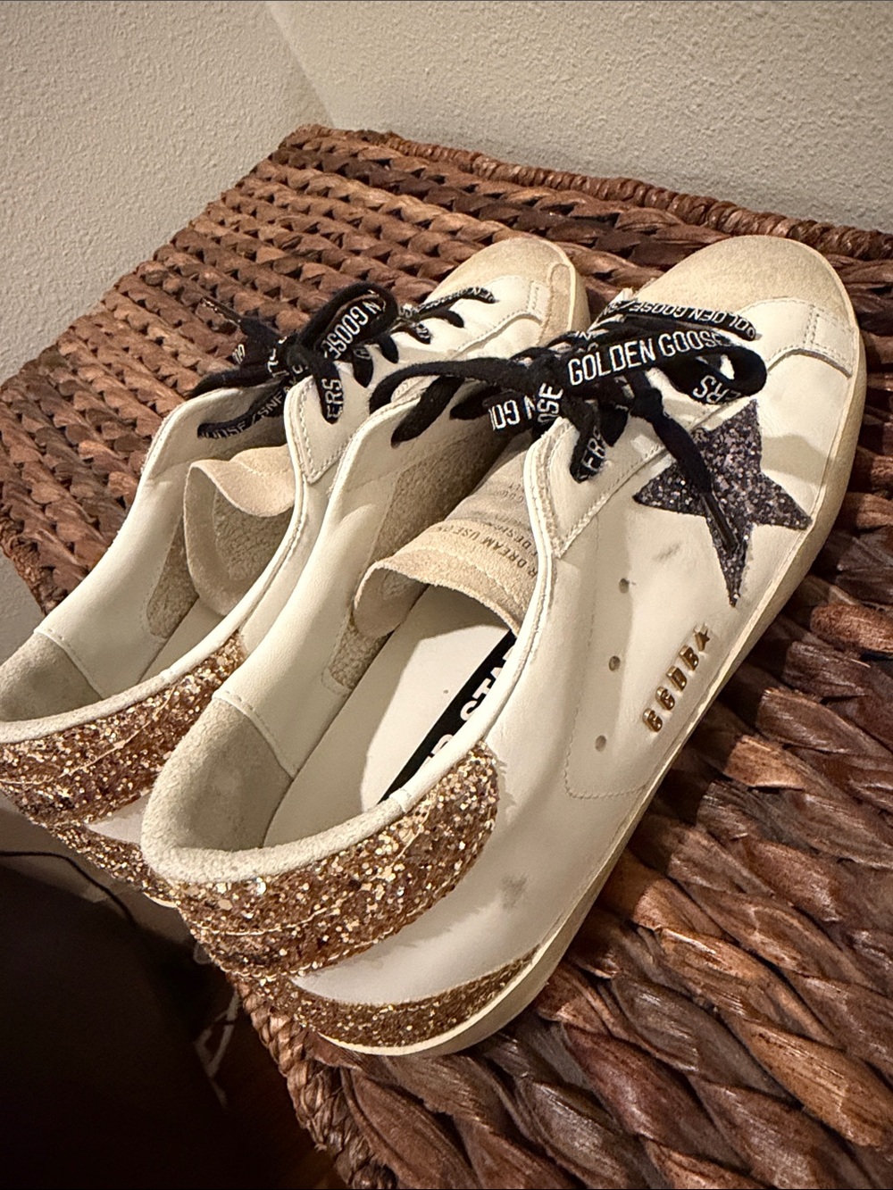 Golden Goose SuperStar White Sneakers with Gold Glitter Heel and Black Star